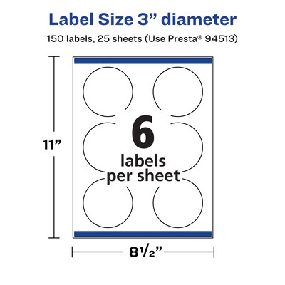 Avery Laser/Inkjet Round Multipurpose Labels, 3" Dia., 150 Labels/Pack  (94513)