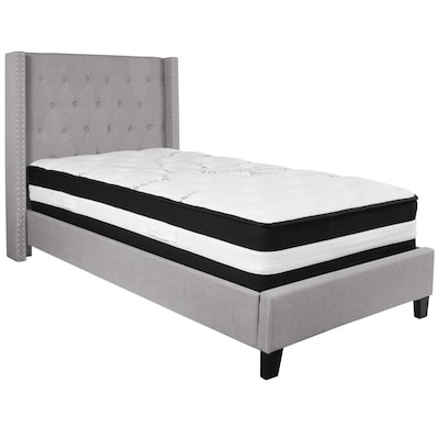 Flash Furniture Riverdale Tufted Upholstered Platform Bed in Light Gray Fabric with Pocket Spring Mattress, Twin (HGBM41)
