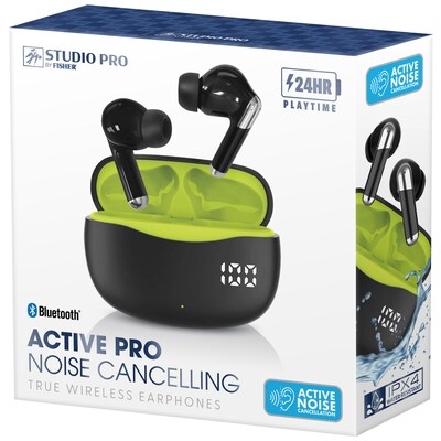 STUDIO PRO by FISHER Active Pro Wireless Noise Canceling Earbuds, Bluetooth, Black/Green (STW290A)