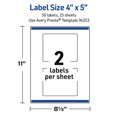 Avery Waterproof Rectangle Laser Multipurpose Labels, 4" x 5", White, 50/Pack (19479399353)