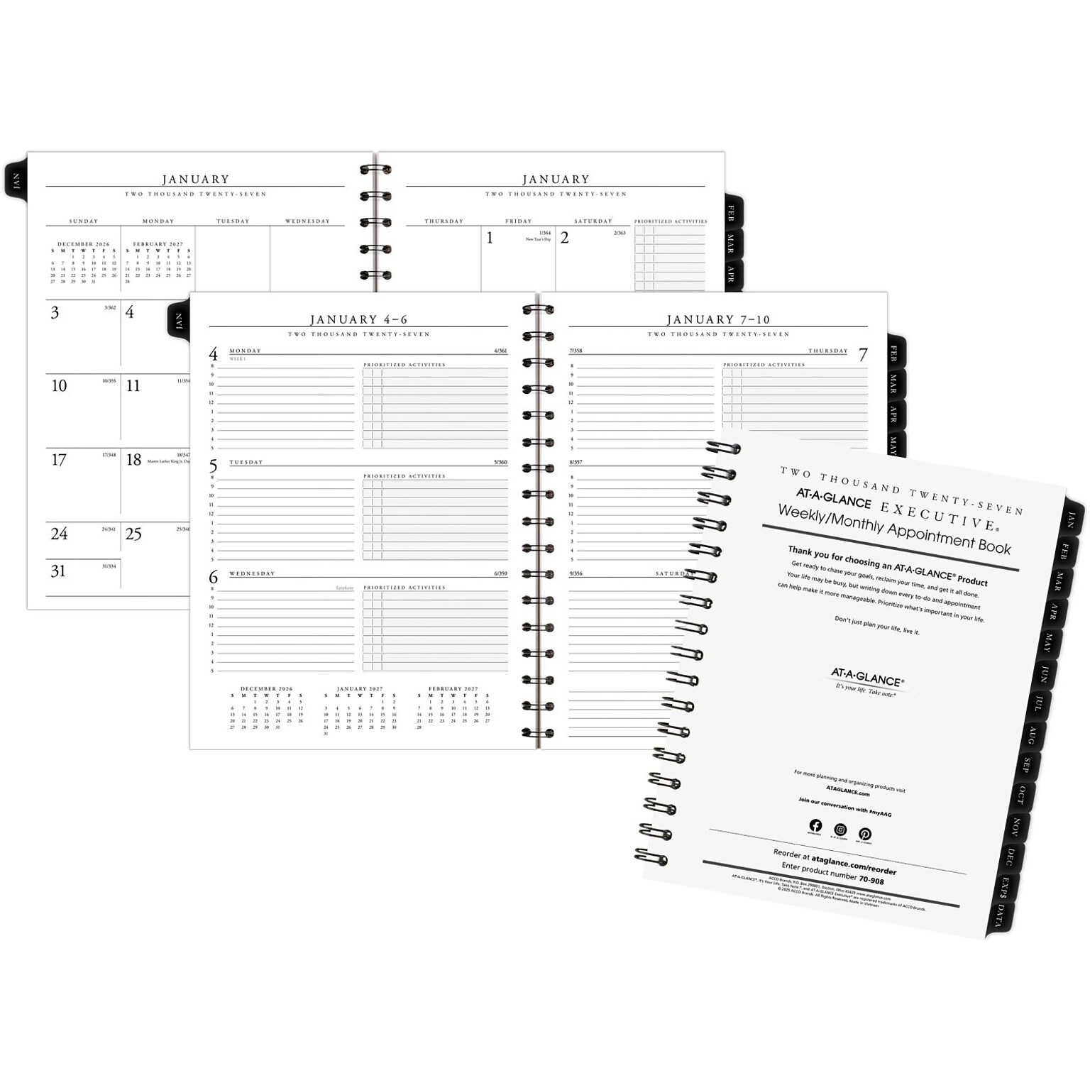 2027 AT-A-GLANCE Executive 8.75 x 6.5 Weekly & Monthly Appointment Book Refill, White/Black (70-908-10-27)