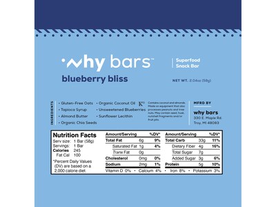 Why Bars Gluten-Free Blueberry Bliss Superfood Energy Bar, 2.04 oz., 12 Bars/Box (WB6)