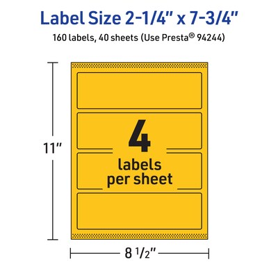 Avery Laser/Inkjet Rectangle Multipurpose Labels, 2.25" x 7.75", Bright Yellow, 160/Pack (94244)