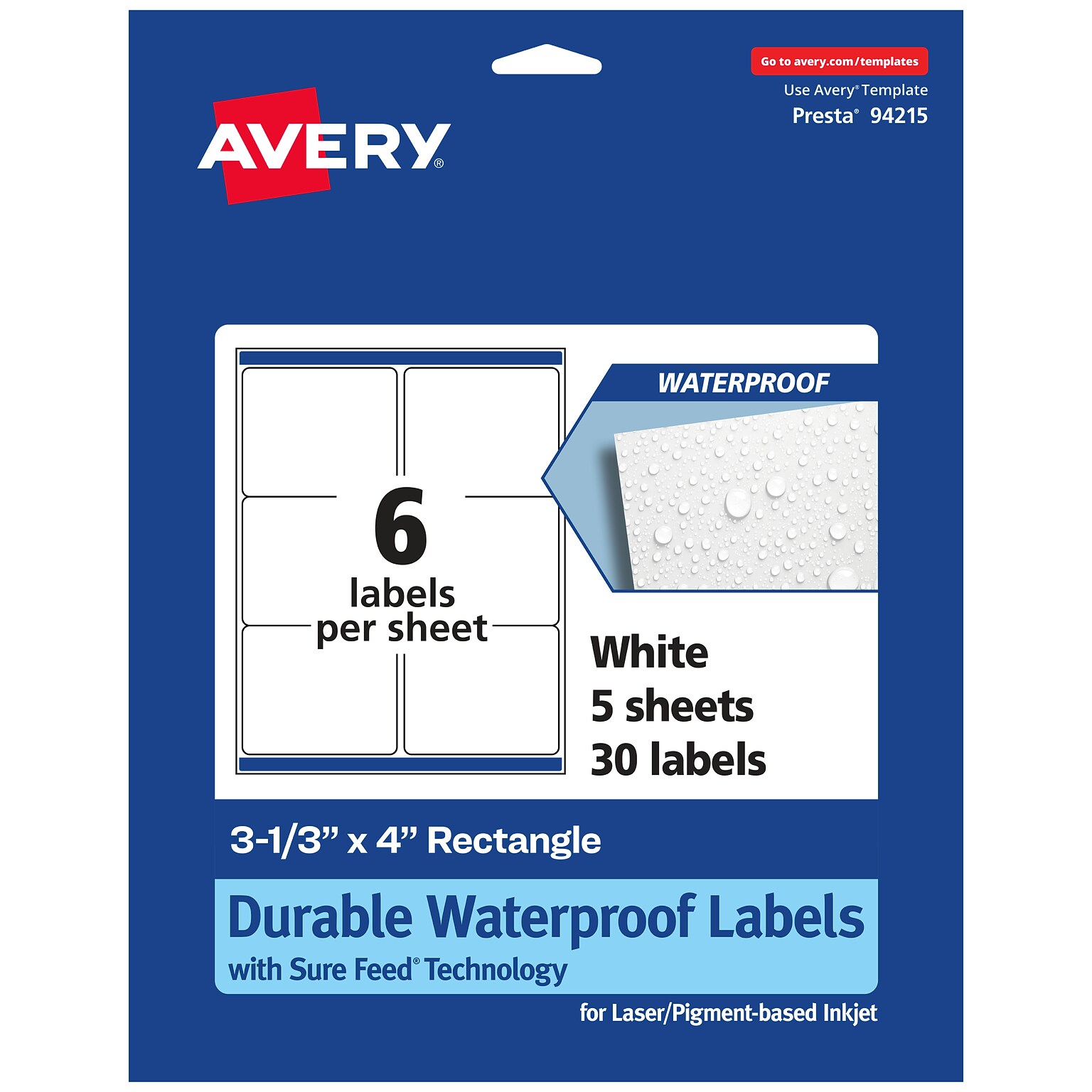 Avery Laser/Inkjet Rectangle Waterproof Multipurpose Labels, 4  x 3.3333, White, 30/Pack (94215)