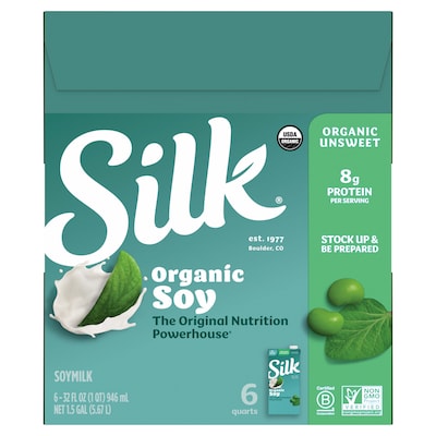 Silk Organic Unsweetened Original Dairy Free Soy Milk, 32 oz., 6/Carton (WWI00106)