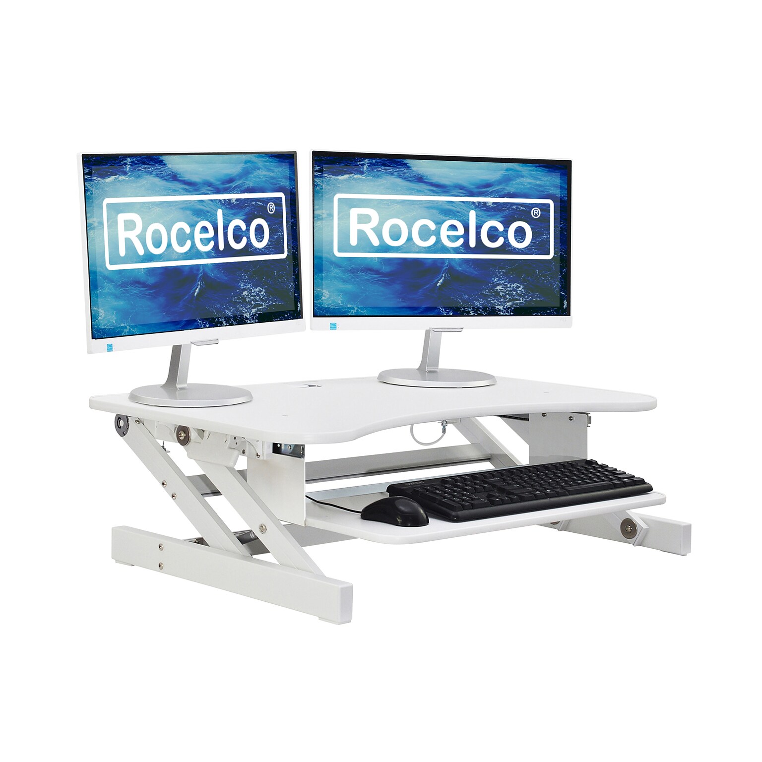 Rocelco 37.5 Height Adjustable Standing Desk Converter, Sit Stand Up Retractable Keyboard Riser, White (R DADRW)