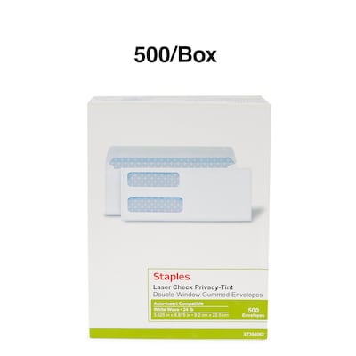 Staples Laser Check Gummed Security Tinted #9 Double-Window Envelopes, 3 5/8" x 8 7/8", Wove White, 500/Box (394062/19045)