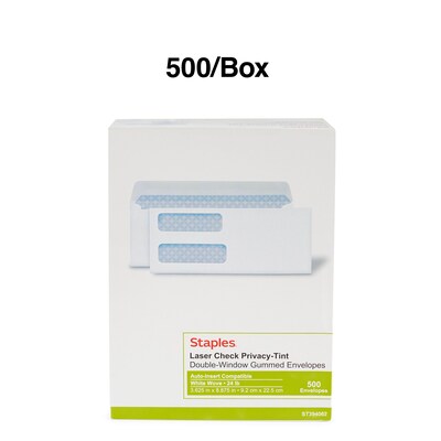 Staples Laser Security Tinted Double Window Envelopes, 3 5/8" x 8 7/8", Wove White, 500/Box (ST394062-CC)