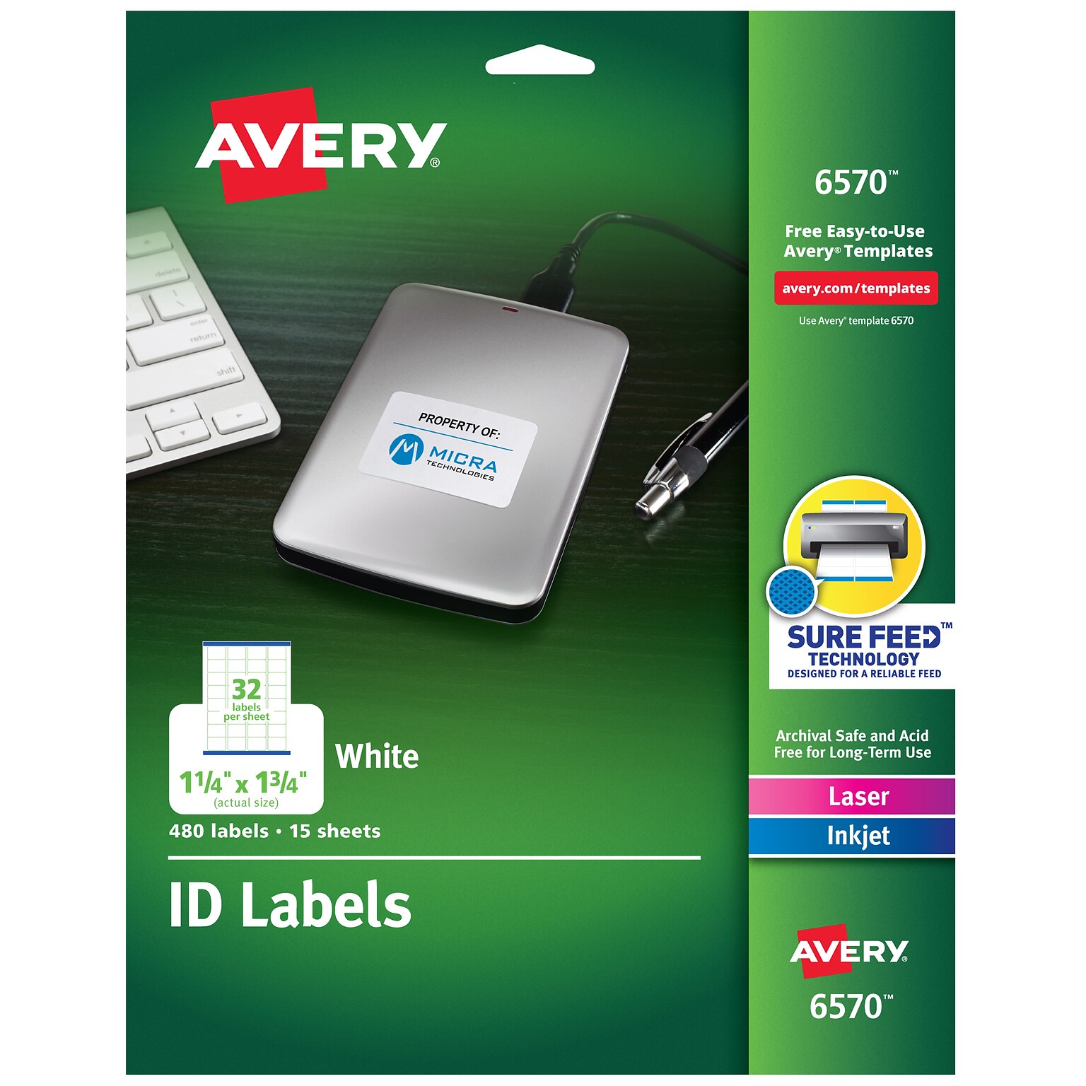 Avery Sure Feed Laser/Inkjet Identification Labels, 1 1/4 x 1 3/4, White, 15 Label Sheets/Pack (6570)
