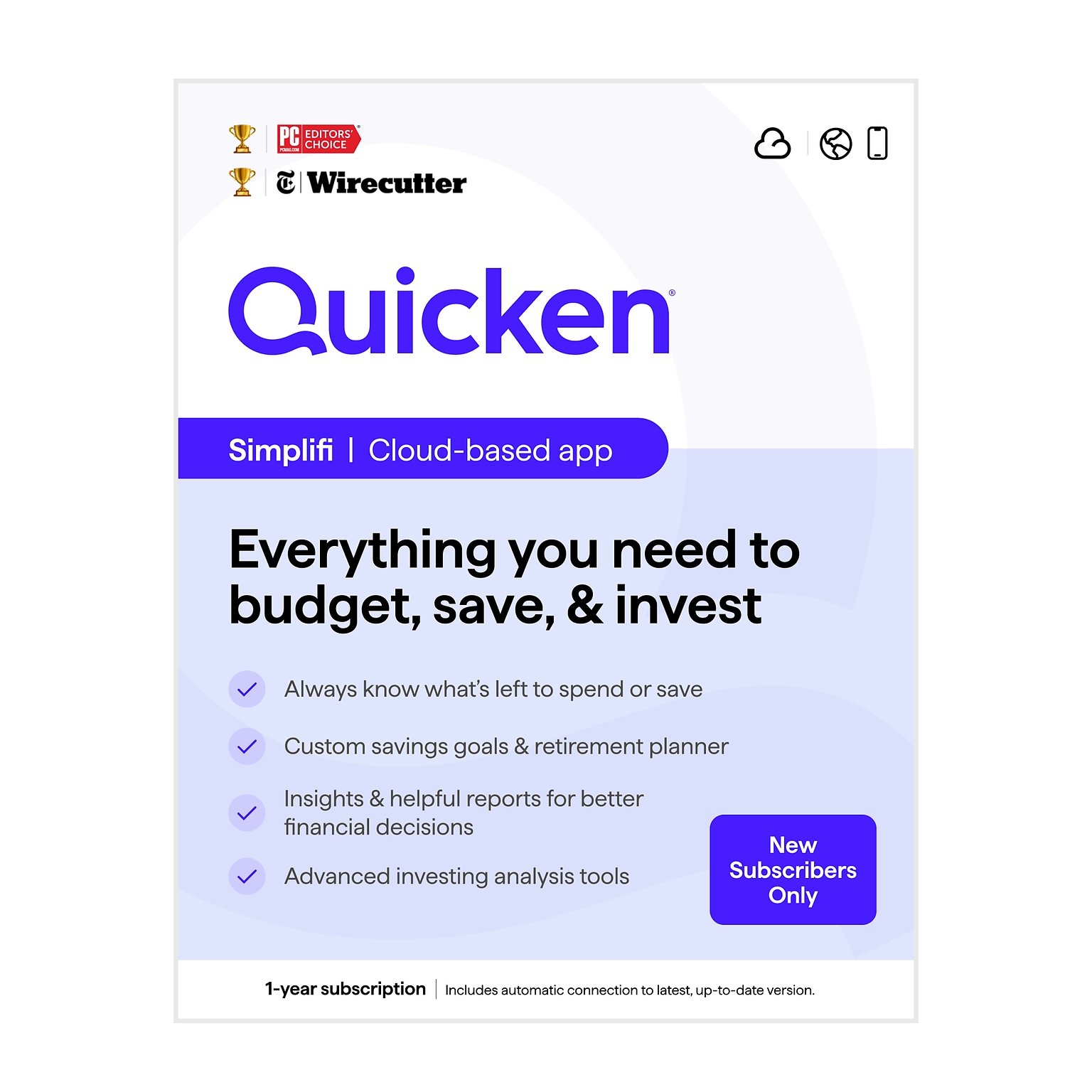 Quicken Simplifi Personal Finance for 1 User, Windows/Android/iOS, Online Access (170518)