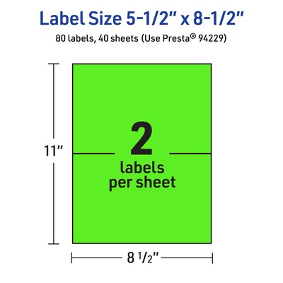 Avery Laser/Inkjet Multipurpose Rectangle Labels, 5.5" x 8.5", Neon Green, 80/Pack (94229)