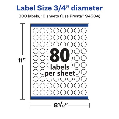 Avery Laser/Inkjet Round Multipurpose Labels, 0.75" Dia., Glossy White, 800/Pack (94504)