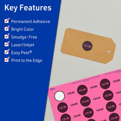 Avery Laser/Inkjet Round Multipurpose Labels, Bright Pink, 154 Labels/Sheet, 80 Sheets/Pack (94503-B