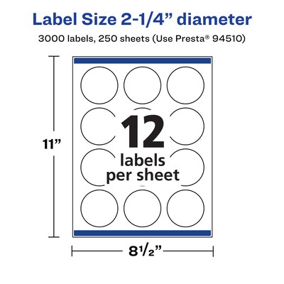 Avery Laser/Inkjet Round Multipurpose Labels, 2.25" Dia., White, 3000 Labels/Box (94510)