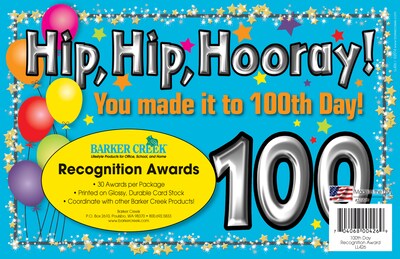 Barker Creek 100th Day Recognition Awards, 8.5 x 5.5”, Multicolored, 30/Pack (LL426)
