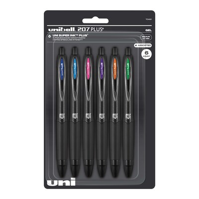 uniball 207 Plus+ Retractable Gel Pens, Medium Point, 0.7mm, Assorted Inks, 6/Pack (70491)