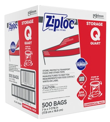 Ziploc Double Zipper Storage Bags, Quart, 500 Bags/Carton (682256)