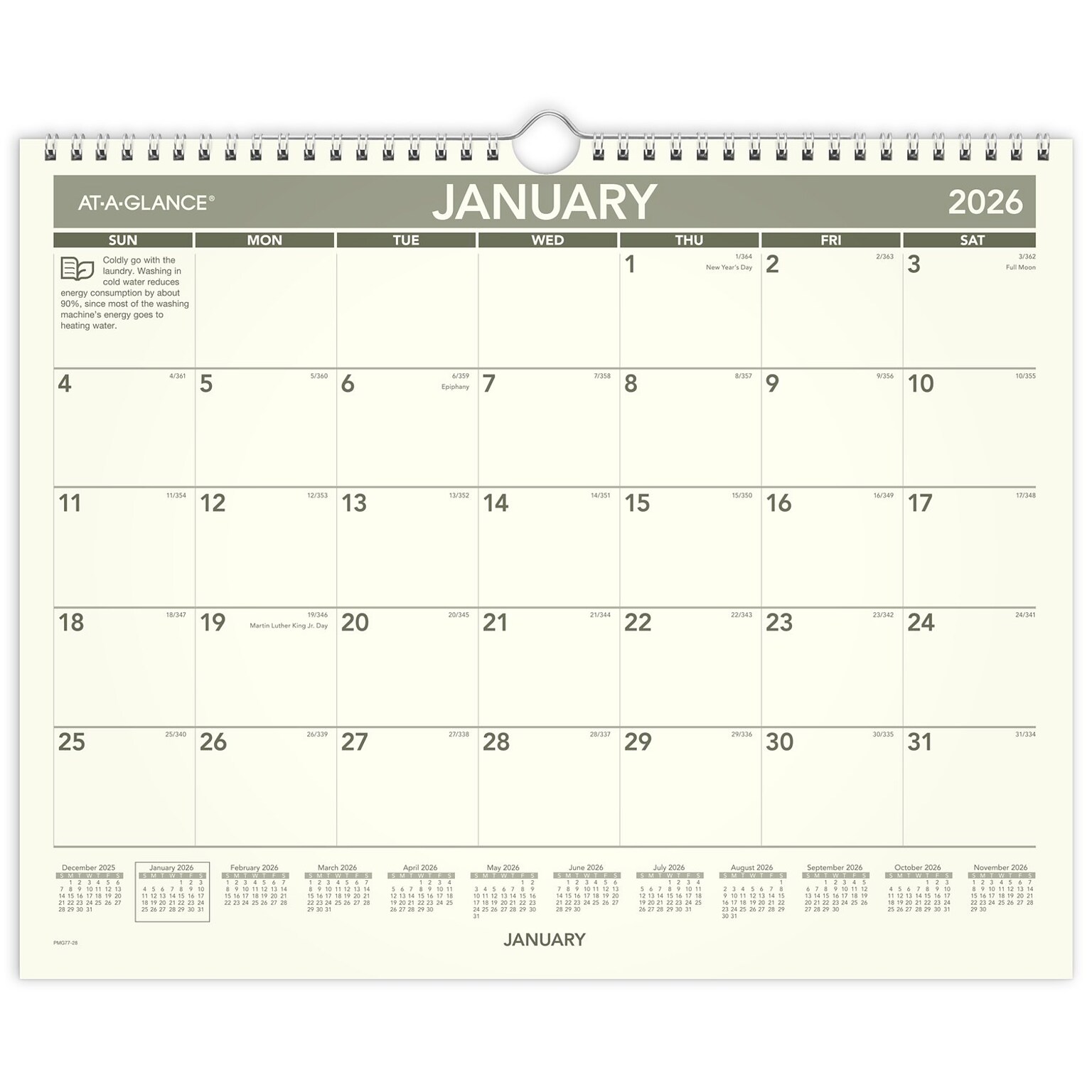 2026 AT-A-GLANCE Recycled 15 x 12 Monthly Wall Calendar, Green/Black (PMG77-28-26)