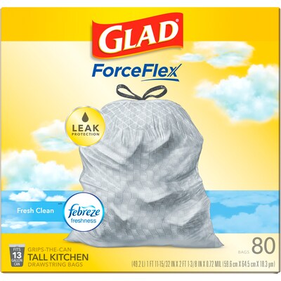 Glad ForceFlex Tall Kitchen Drawstring Trash Bags, 13 Gal., Fresh Clean Scent with Febreze Freshness, 80/Box (78899)
