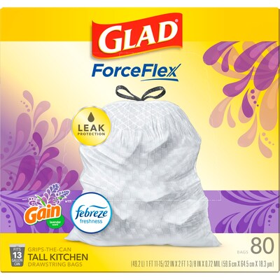 Glad ForceFlex Tall 13 Gallon Mediterranean Lavender Kitchen Drawstring Trash Bags, White, 80/Box (7