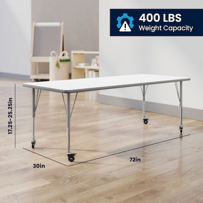 Flash Furniture Wren Rectangular Activity Table, 72" x 30", Height Adjustable, White Top/Silver Frame (XUA3072RECWHTPC)
