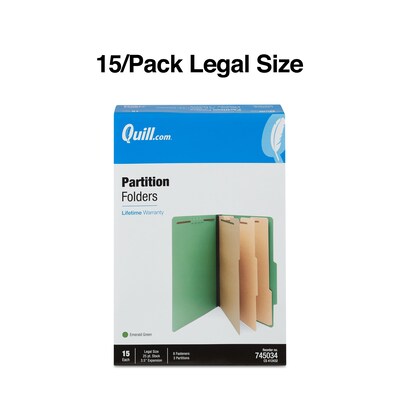 Quill Brand® 2/5-Cut Tab Pressboard Classification File Folders, 3-Partitions, 8-Fasteners, Legal, Green, 15/Box (745034)