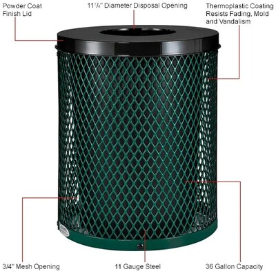 Global Industrial Outdoor Diamond Steel Trash Can w/ Flat Lid, 36 Gallon, Green (261924GN)