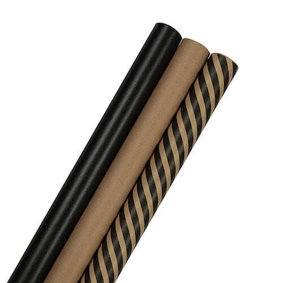 JAM Paper Wrapping Paper, 87.5 Sq Ft, Black Kraft Stripes and Solid Deluxe Set, 3 Rolls/Pack (774501