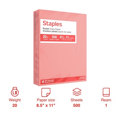 Staples® Pastel Multipurpose Paper, 20 lbs., 8.5 x 11, Salmon, 500/Ream (14783)