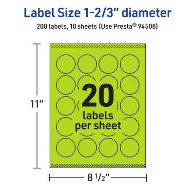 Avery Circle Multipurpose Labels, 1-2/3" Dia., Bright Green, 200/Pack (94508)