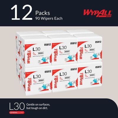 WypAll GeneralClean L30 Durable Fibers Cleaning Wipers, 12 x 12.5, White, 90 Wipers/Box, 12/Carton (05812)