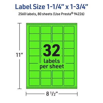 Avery Laser/Inkjet Multipurpose Rectangle Labels, 1.25" x 1.75", Neon Green, 2560/Box (94226)