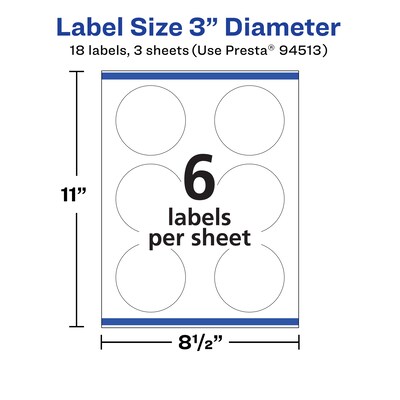 Avery Laser/Inkjet Round Multipurpose Labels, 3" Dia, 18 Labels/Pack (94513)