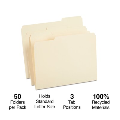 Staples® Recycled Reinforced File Folders, 1/3 Cut Tab, Letter Size, Manila, 50/Box (TR452830)