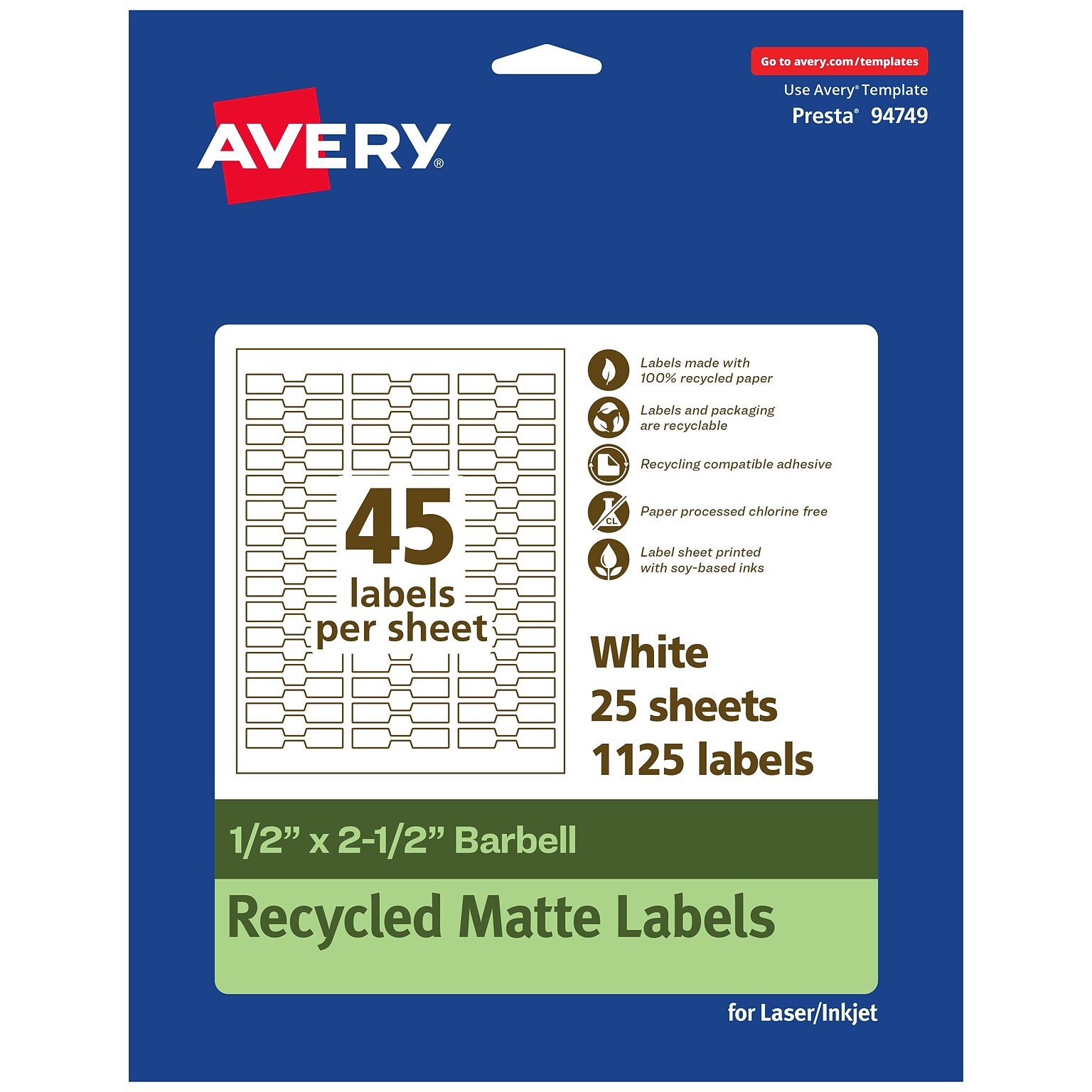 Avery EcoFriendly Laser/Inkjet Decorative Edge Multipurpose Labels, 1/2 x 2-1/2, White, 1125/Pack (94749)