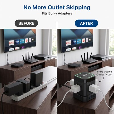 Uncaged Ergonomics Wireless Cube Power Strip with 15W Wireless Charger, 4 AC Outlets, 4 USB Ports, 10' Cord, Black (WC-10-B)