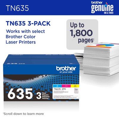 Brother TN635 Cyan/Magenta/Yellow Standard Yield Toner Cartridges, 3/Pack (TN6353PK)