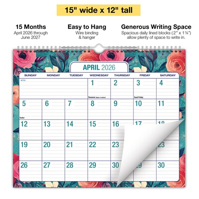 2026-2027 Excello Brands 12" x 15" Academic Monthly Wall Calendar, Teal Floral (NAY27-1512WC-17)