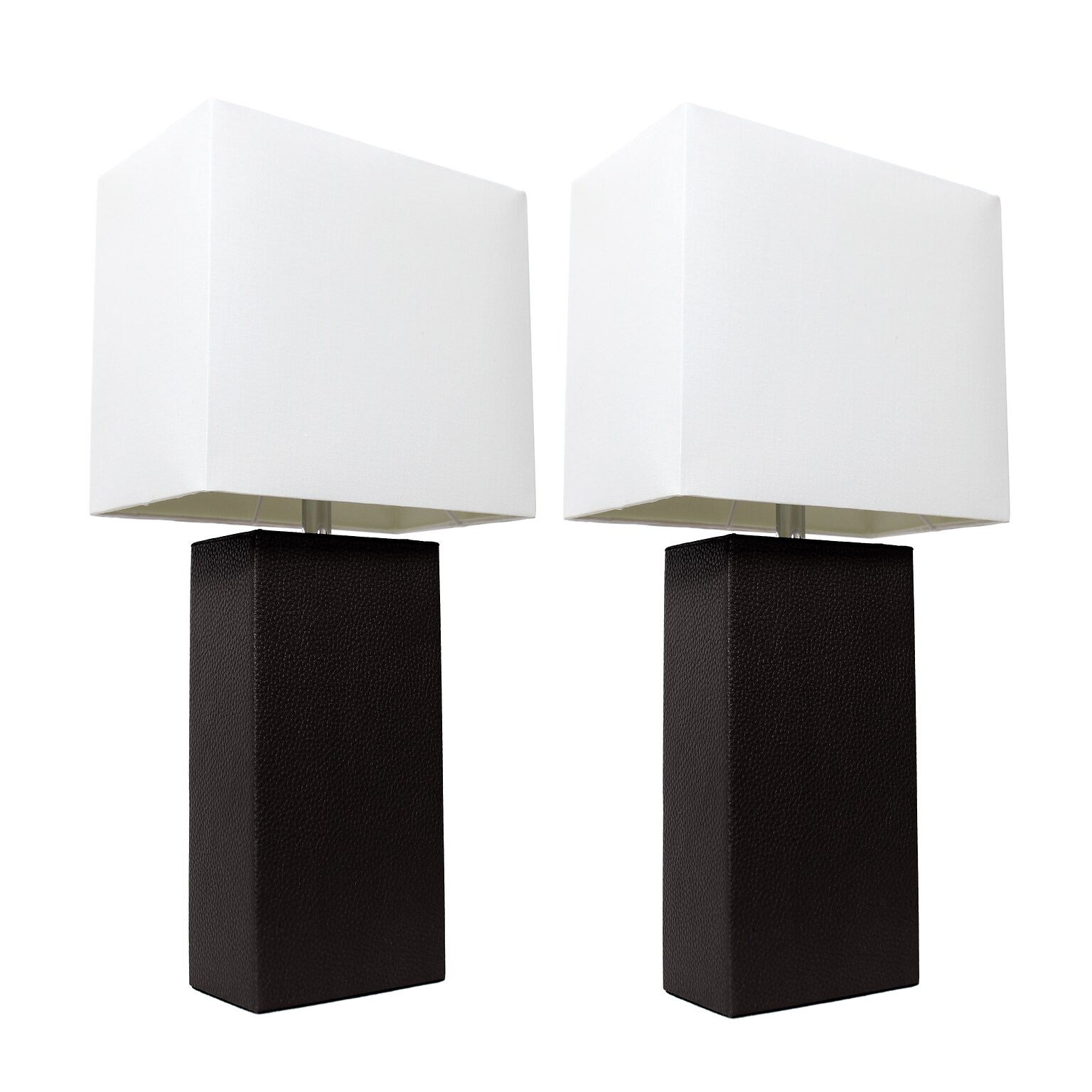Lalia Home Lexington 21 2-Pack Leather Base Modern Bedside Table Lamp Set, White Fabric Shade, Black (LHT-3008-BK-2PK)