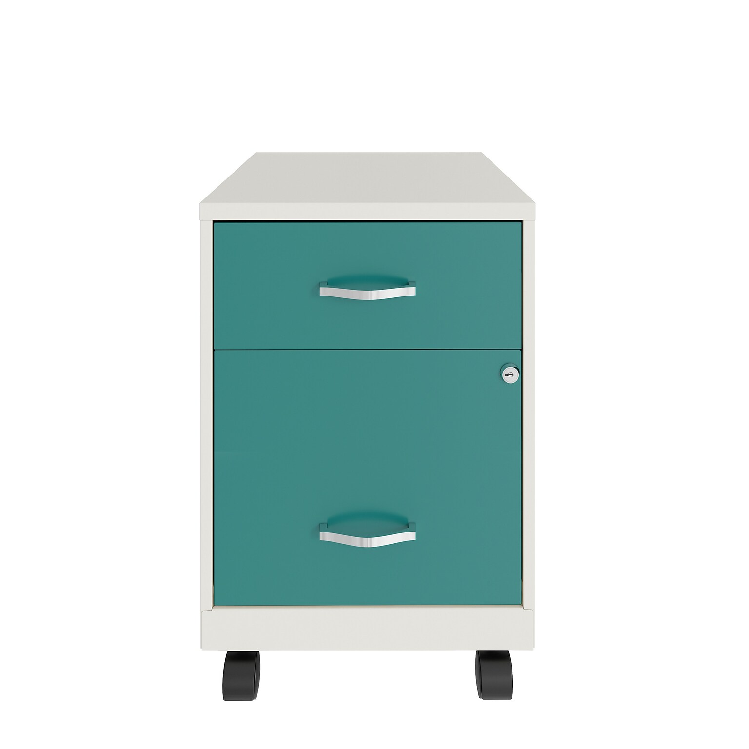 Space Solutions 18 2-Drawer Mobile Verticle File Cabinet with Accessory Drawer, Letter Width, Pearl White/Teal (25939)