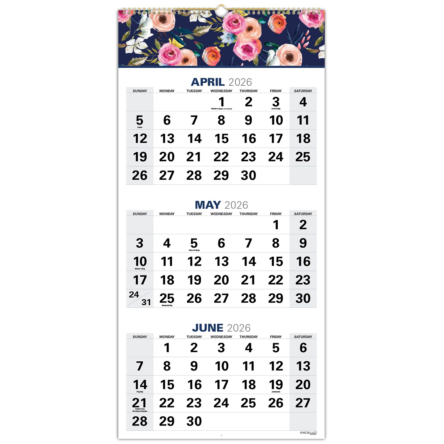 2026-2027 Excello Brands Large Print 13 x 27 Academic Monthly Wall Calendar, Navy Floral (WC-AY26-1327-84)