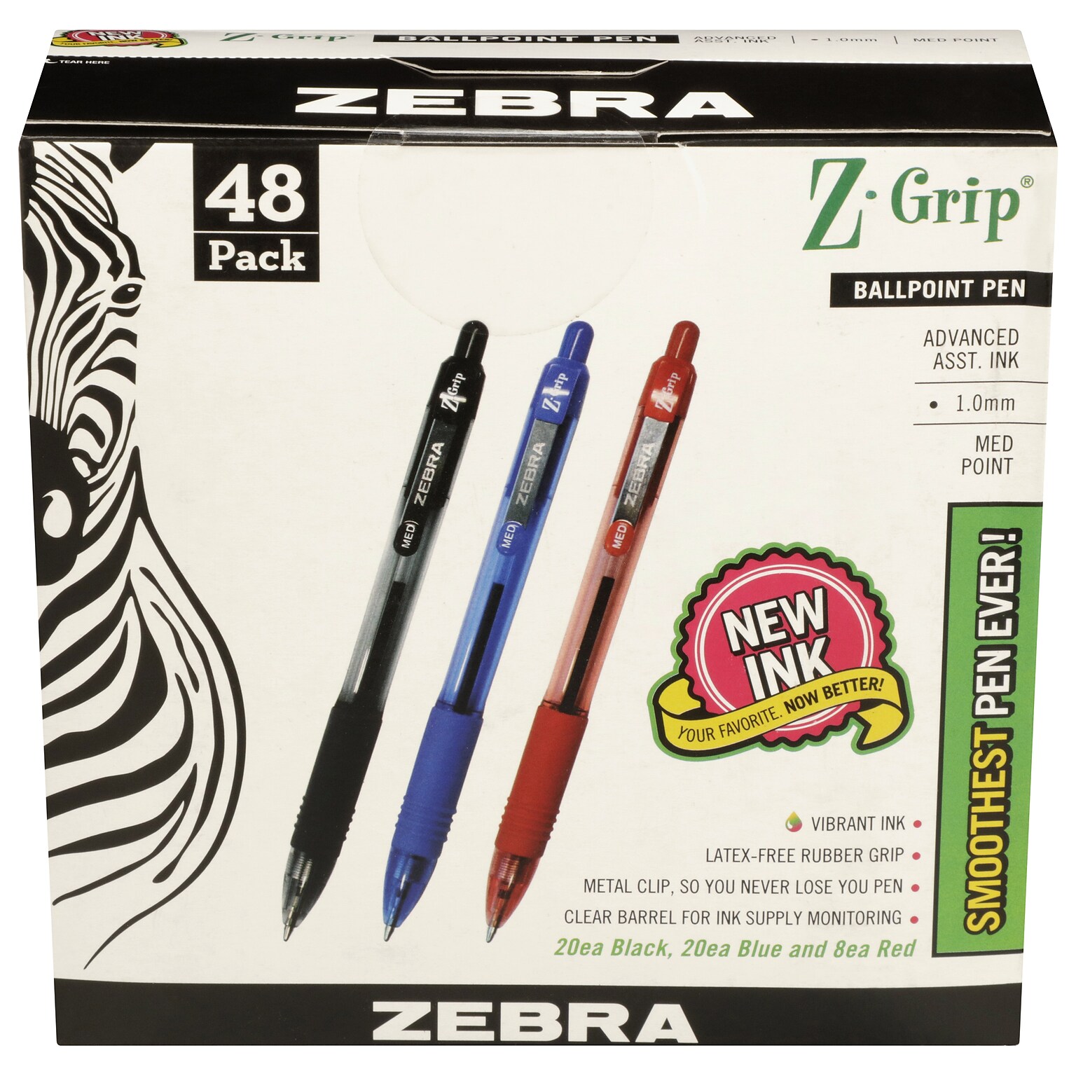 Zebra Z-Grip Retractable Ballpoint Pen, Medium Point, 1.0mm, Assorted Ink, 48 Pack (22048)