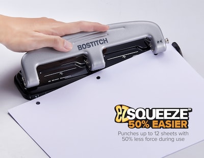 Bostitch EZ Squeeze 3-Hole Punch, 12 Sheet Capacity, Silver/Black (ACI2101)