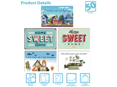 Better Office New Home Congratulations Cards with Envelopes, 4" x 6", Assorted Colors, 50/Pack (64621-50PK)