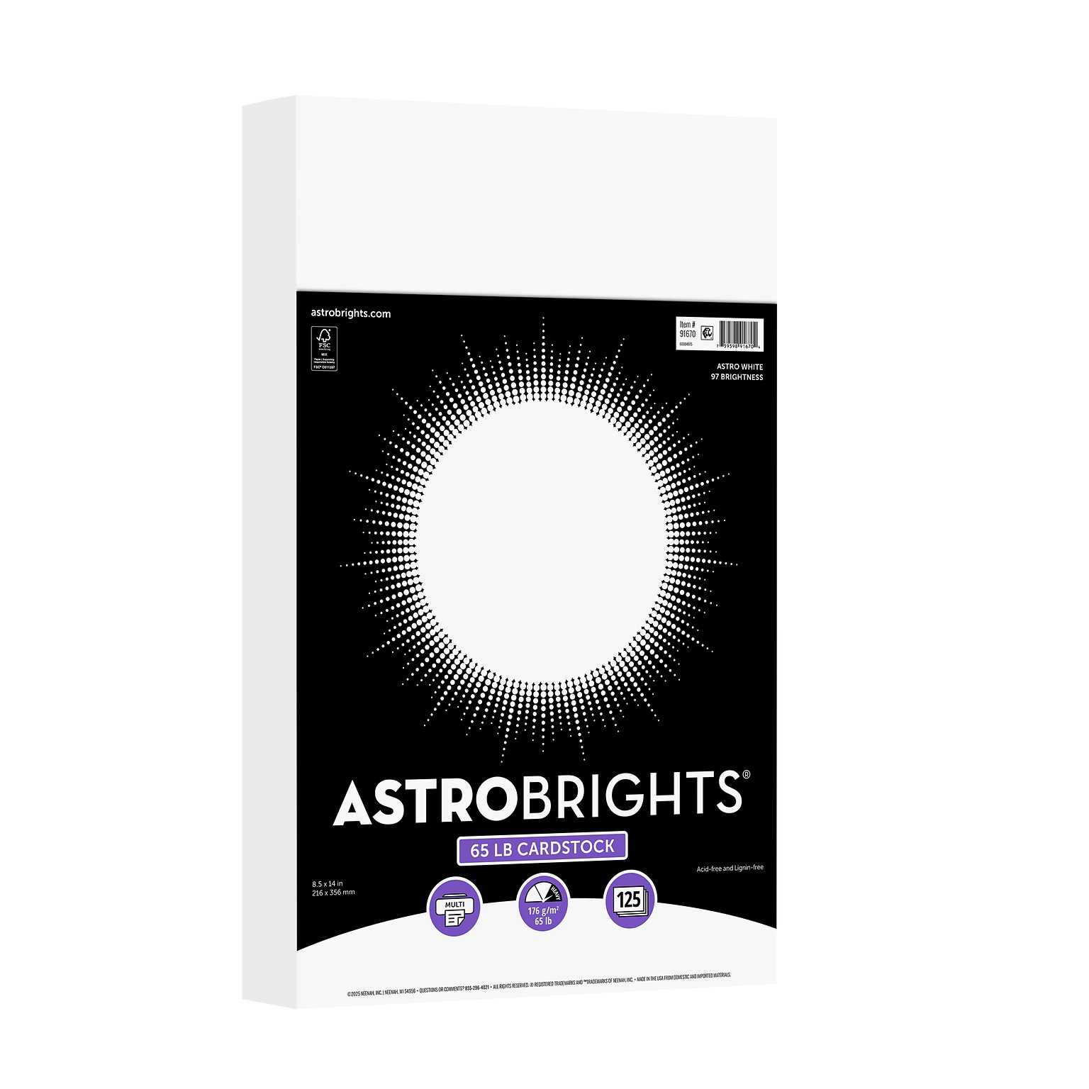 Astrobrights 65 lb. Cardstock Paper, 8.5 x 14, Astro White, 125 Sheets/Pack, 10 Packs/Carton (91670-02)