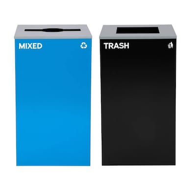 Alpine Industries Steel Recycling and Trash Can Set with Square and Mixed Lid, 29 Gallon, Blue/Black, 2/Pack (ALP4450-BLK-KIT3)