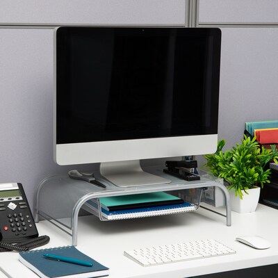 Mind Reader Network Collection Metal Mesh Monitor Stand with Drawer, Up to 24 Monitor, Silver, 2/Pa