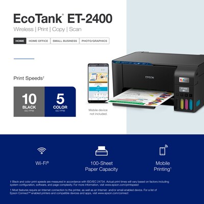 Epson EcoTank ET-2400 Wireless Color Inkjet Printer, All-In-One Supertank, Print, Scan, Copy (9592581)