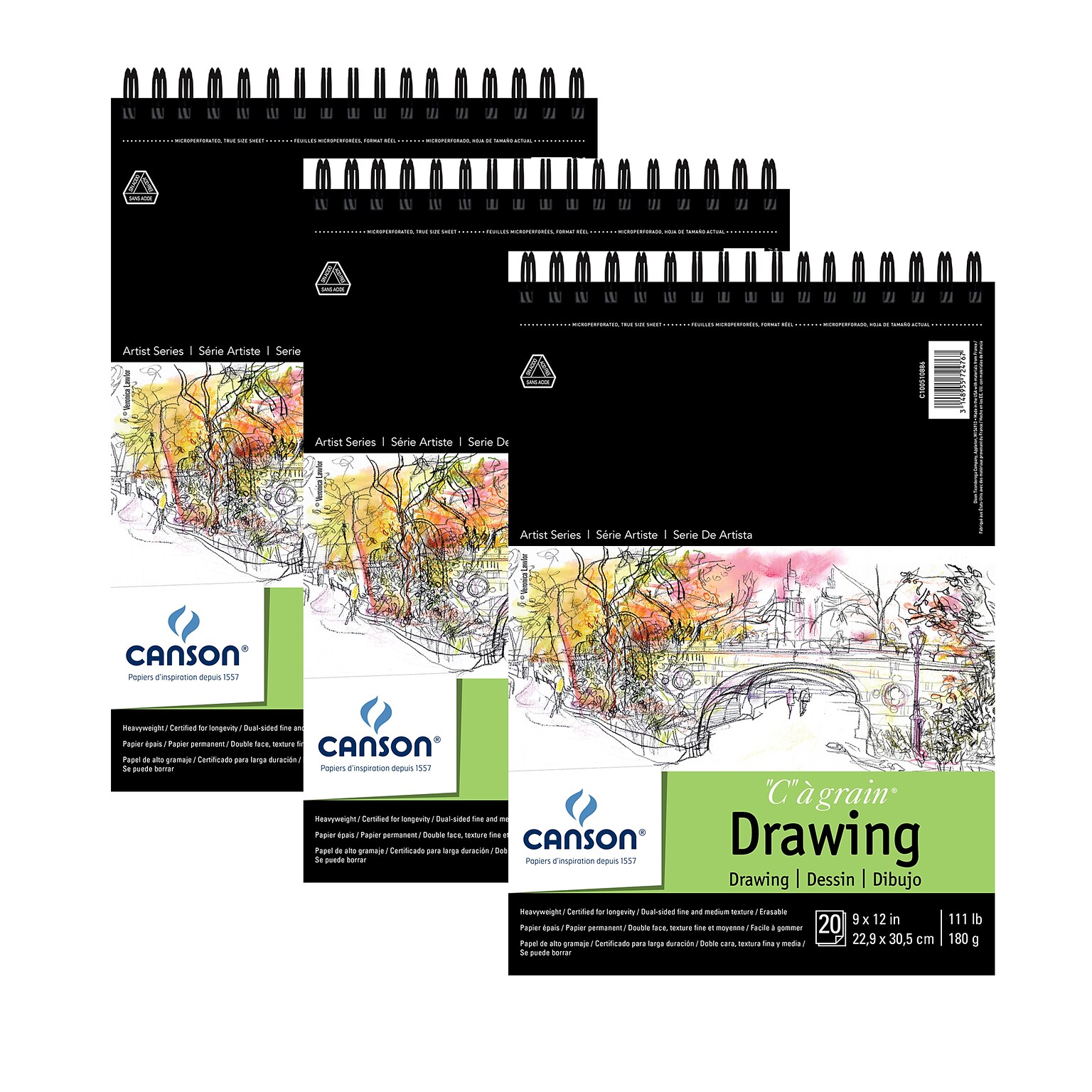 Canson Artist Series C à Grain 9 x 12 Wire Bound Drawing Sketch Pad, 20 Sheets/Pad, 3/Bundle (MCXC100510886-3)