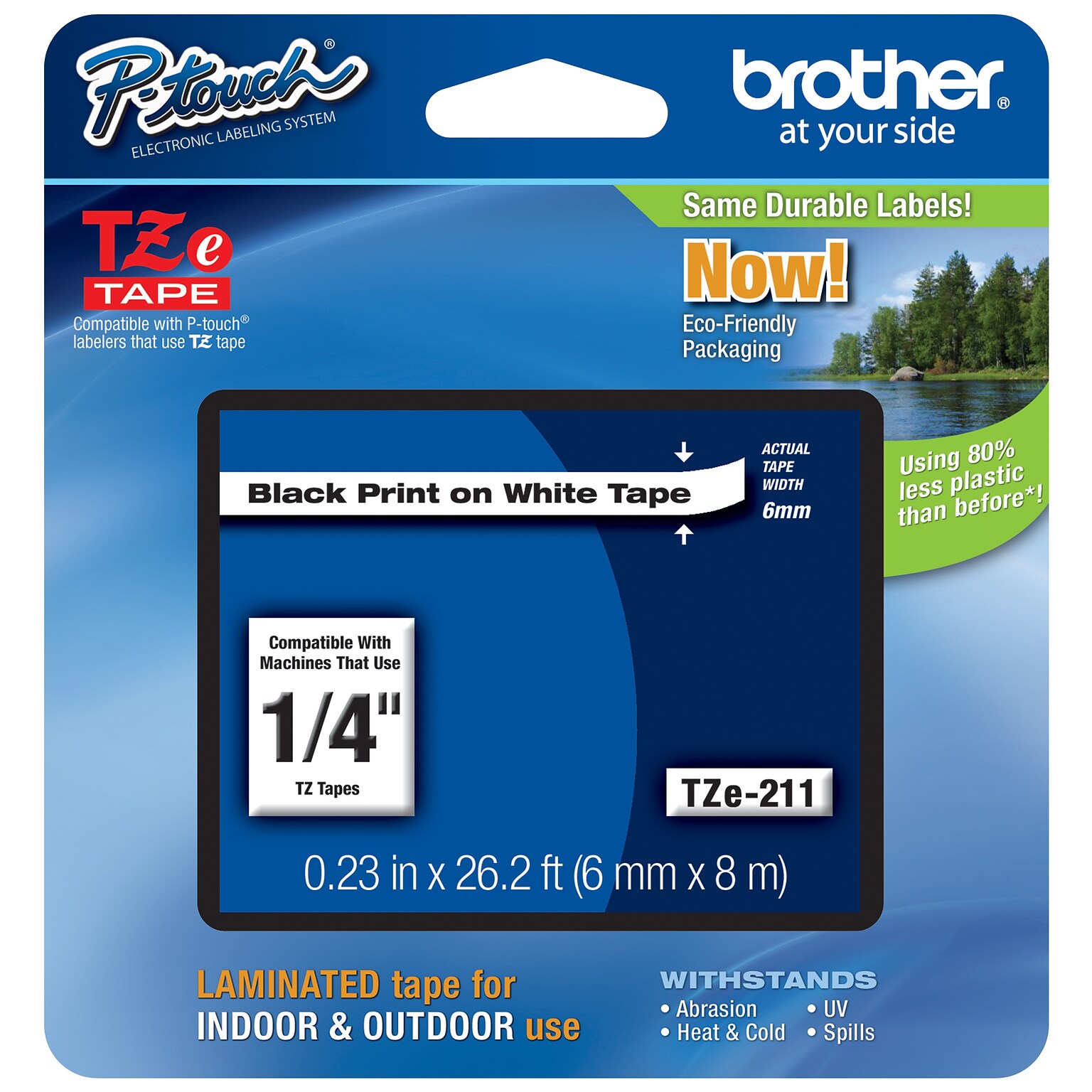 Brother P-touch TZe-211 Laminated Label Maker Tape, 1/4 x 26-2/10, Black On White (TZe-211)